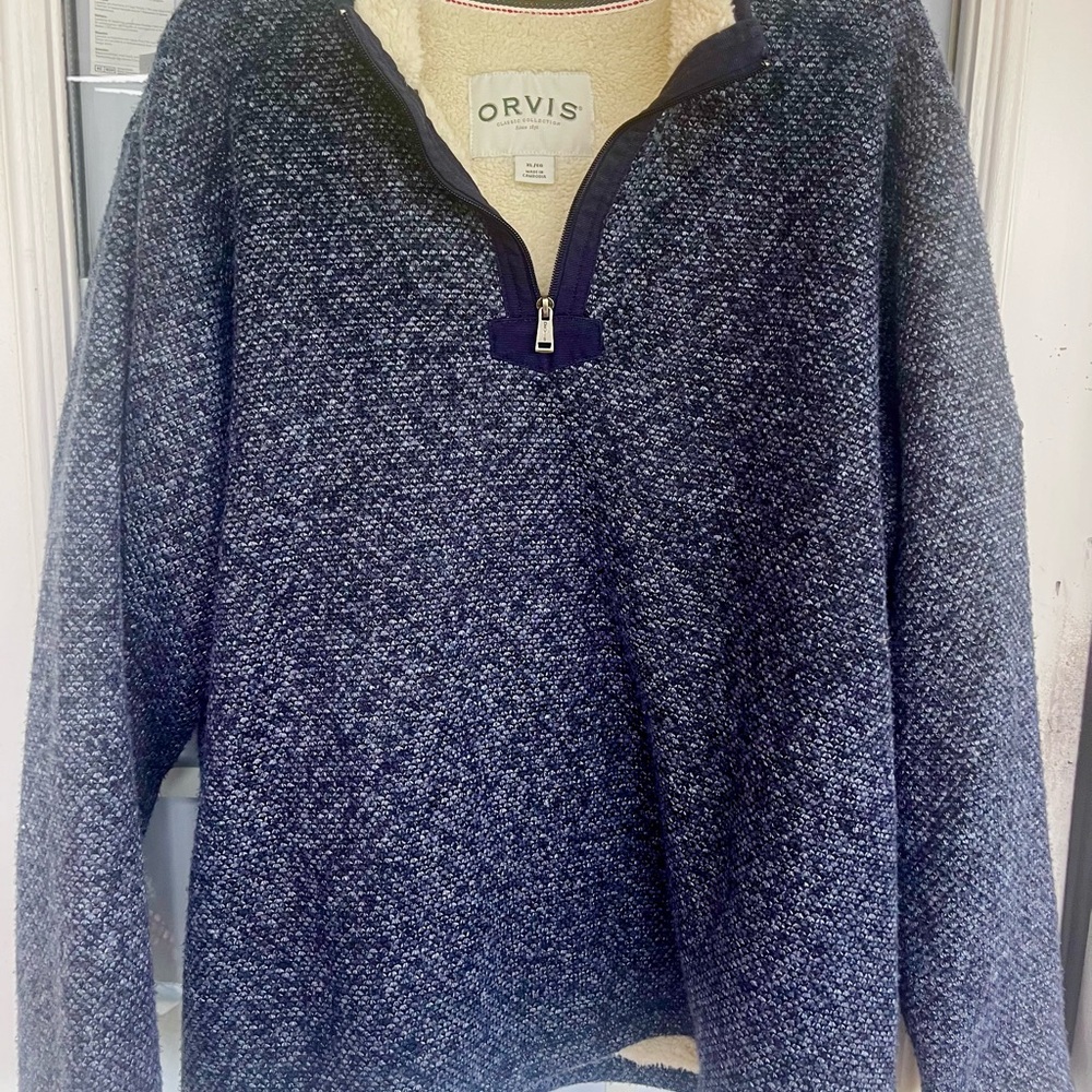 Orvis Men's Navy and Cream Zip-Up Sweater